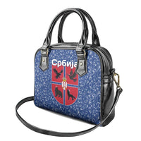 Serbia Shoulder Handbag with Royal Animal Crest and Tulip Floral Blue Background