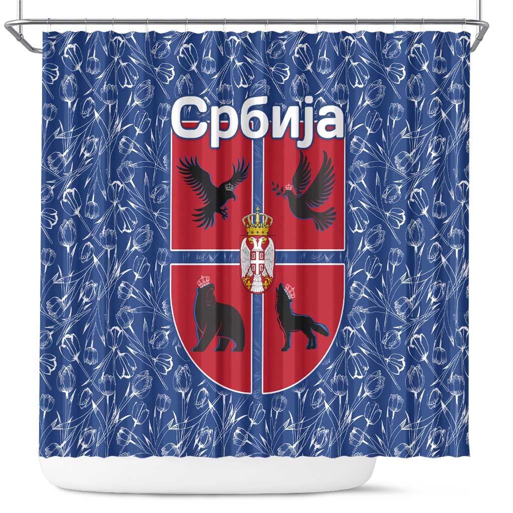 Serbia Shower Curtain with Royal Animal Crest and Tulip Floral Blue Background
