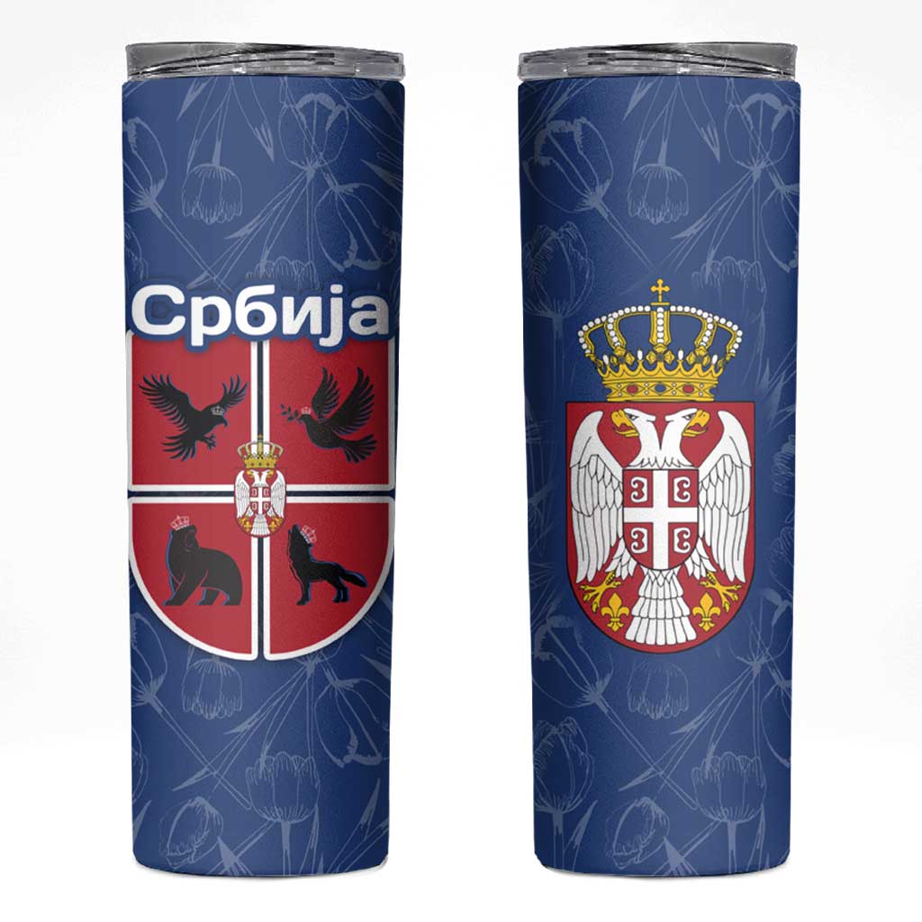 Serbia Skinny Tumbler with Royal Animal Crest and Tulip Floral Blue Background