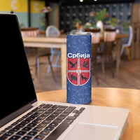 Serbia Skinny Tumbler with Royal Animal Crest and Tulip Floral Blue Background