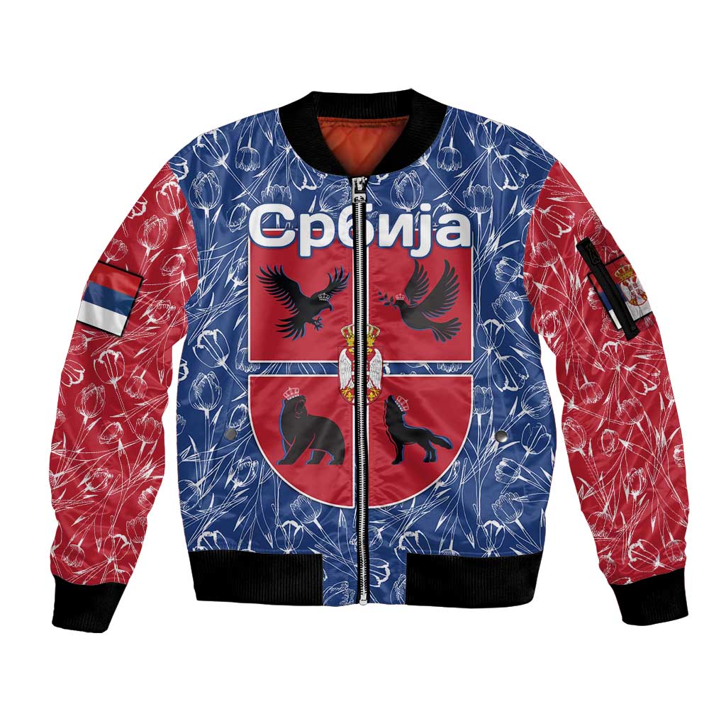 Serbia Sleeve Zip Bomber Jacket with Royal Animal Crest and Tulip Floral Blue Background