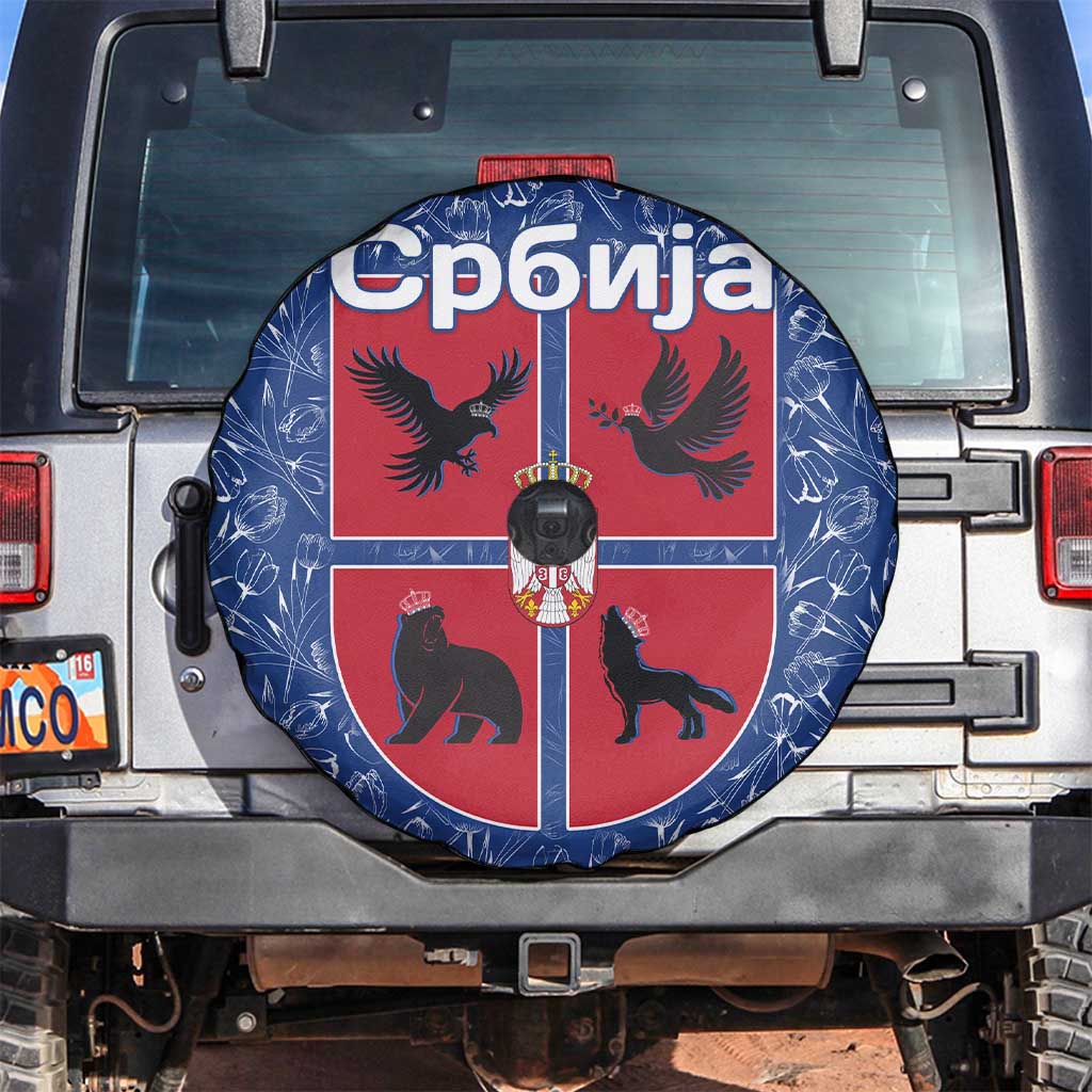 Serbia Spare Tire Cover with Royal Animal Crest and Tulip Floral Blue Background