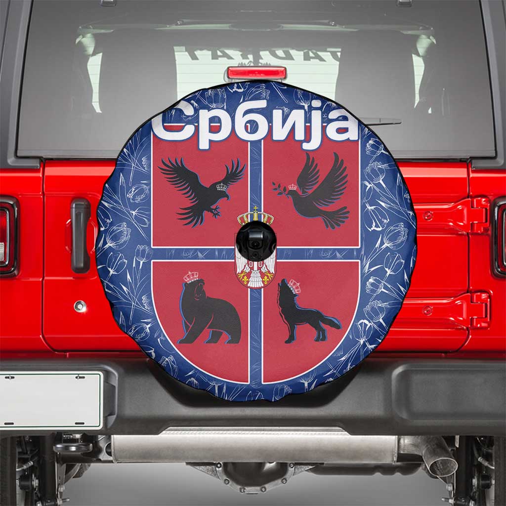 Serbia Spare Tire Cover with Royal Animal Crest and Tulip Floral Blue Background