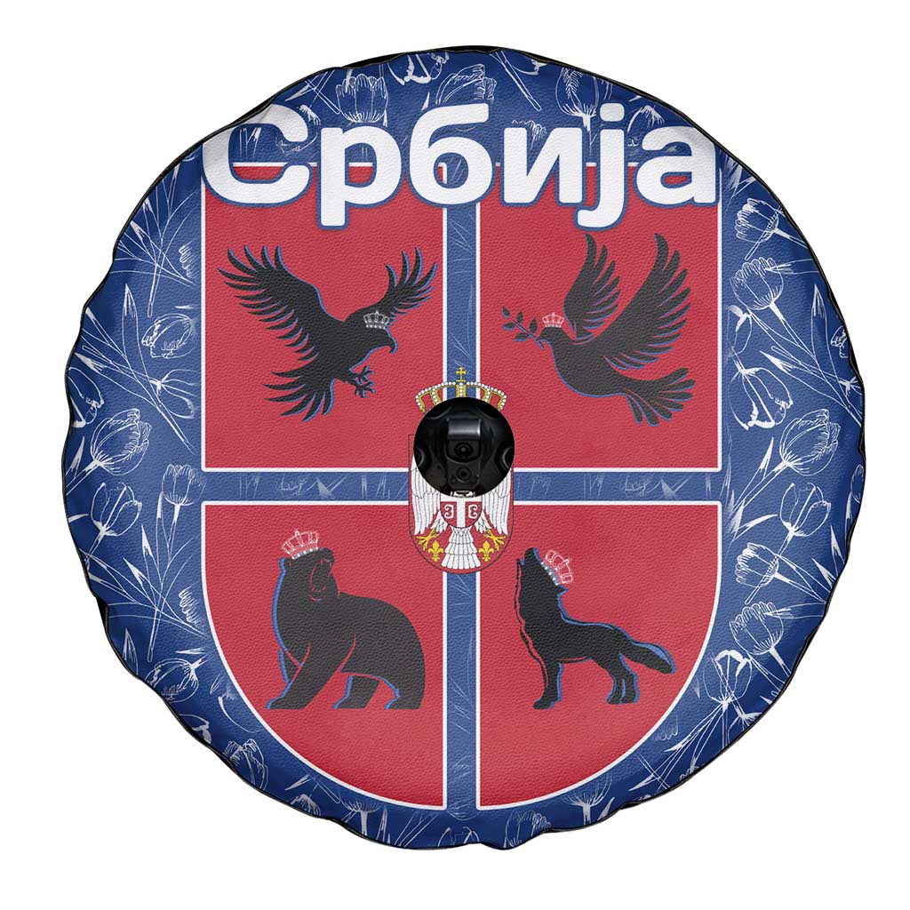 Serbia Spare Tire Cover with Royal Animal Crest and Tulip Floral Blue Background