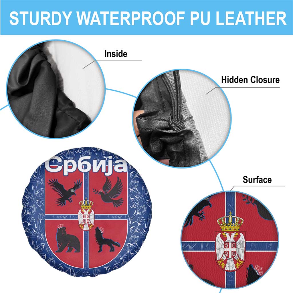 Serbia Spare Tire Cover with Royal Animal Crest and Tulip Floral Blue Background