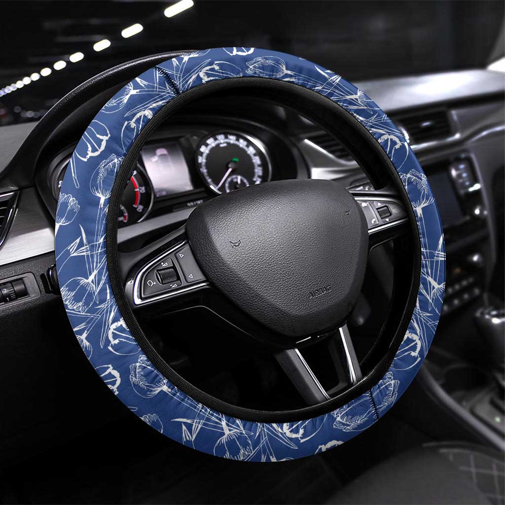 Serbia Steering Wheel Cover with Royal Animal Crest and Tulip Floral Blue Background