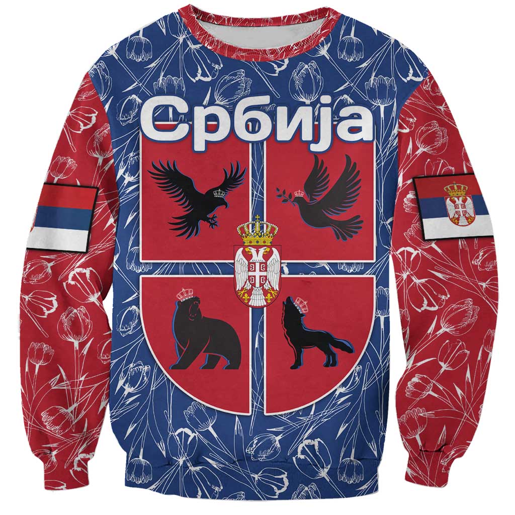 Serbia Sweatshirt with Royal Animal Crest and Tulip Floral Blue Background