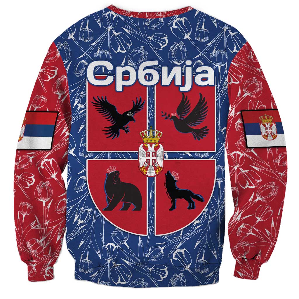 Serbia Sweatshirt with Royal Animal Crest and Tulip Floral Blue Background