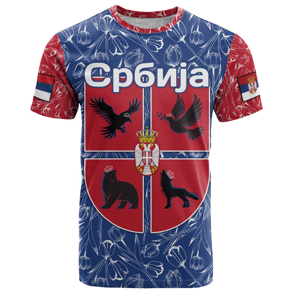 Serbia T Shirt with Royal Animal Crest and Tulip Floral Blue Background