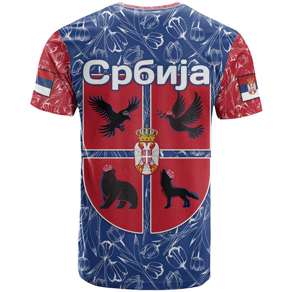 Serbia T Shirt with Royal Animal Crest and Tulip Floral Blue Background