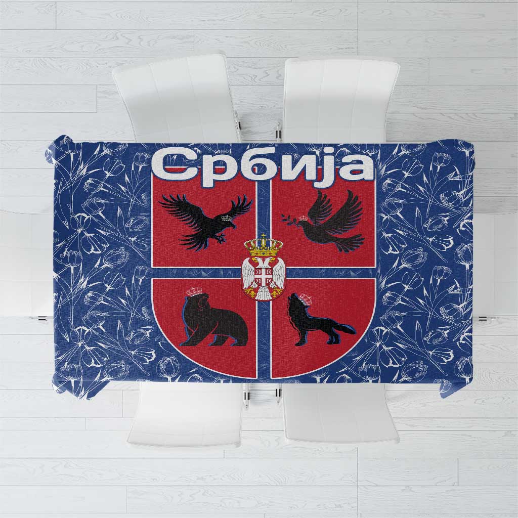 Serbia Tablecloth with Royal Animal Crest and Tulip Floral Blue Background