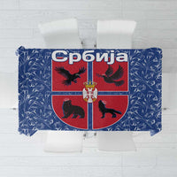 Serbia Tablecloth with Royal Animal Crest and Tulip Floral Blue Background