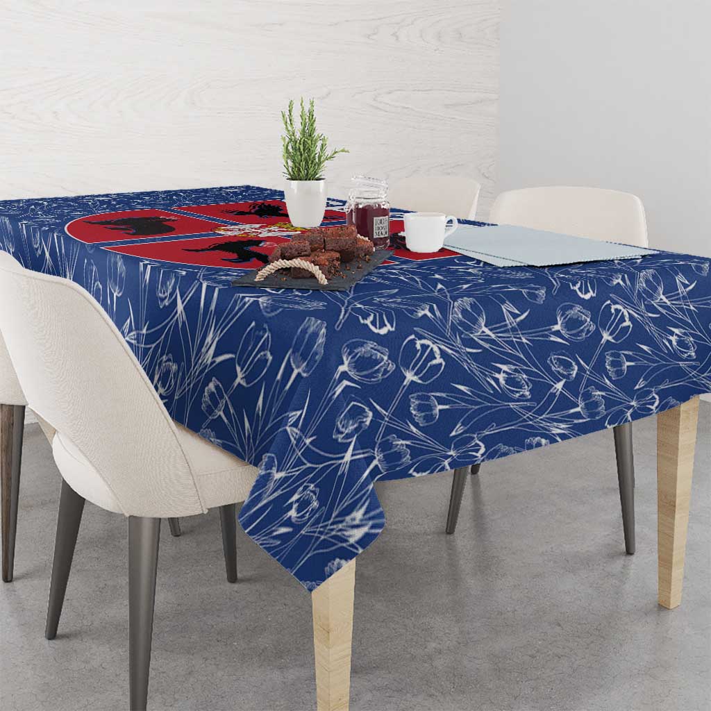 Serbia Tablecloth with Royal Animal Crest and Tulip Floral Blue Background