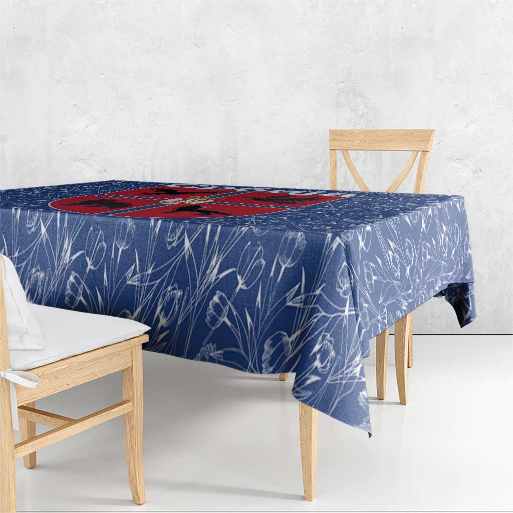 Serbia Tablecloth with Royal Animal Crest and Tulip Floral Blue Background
