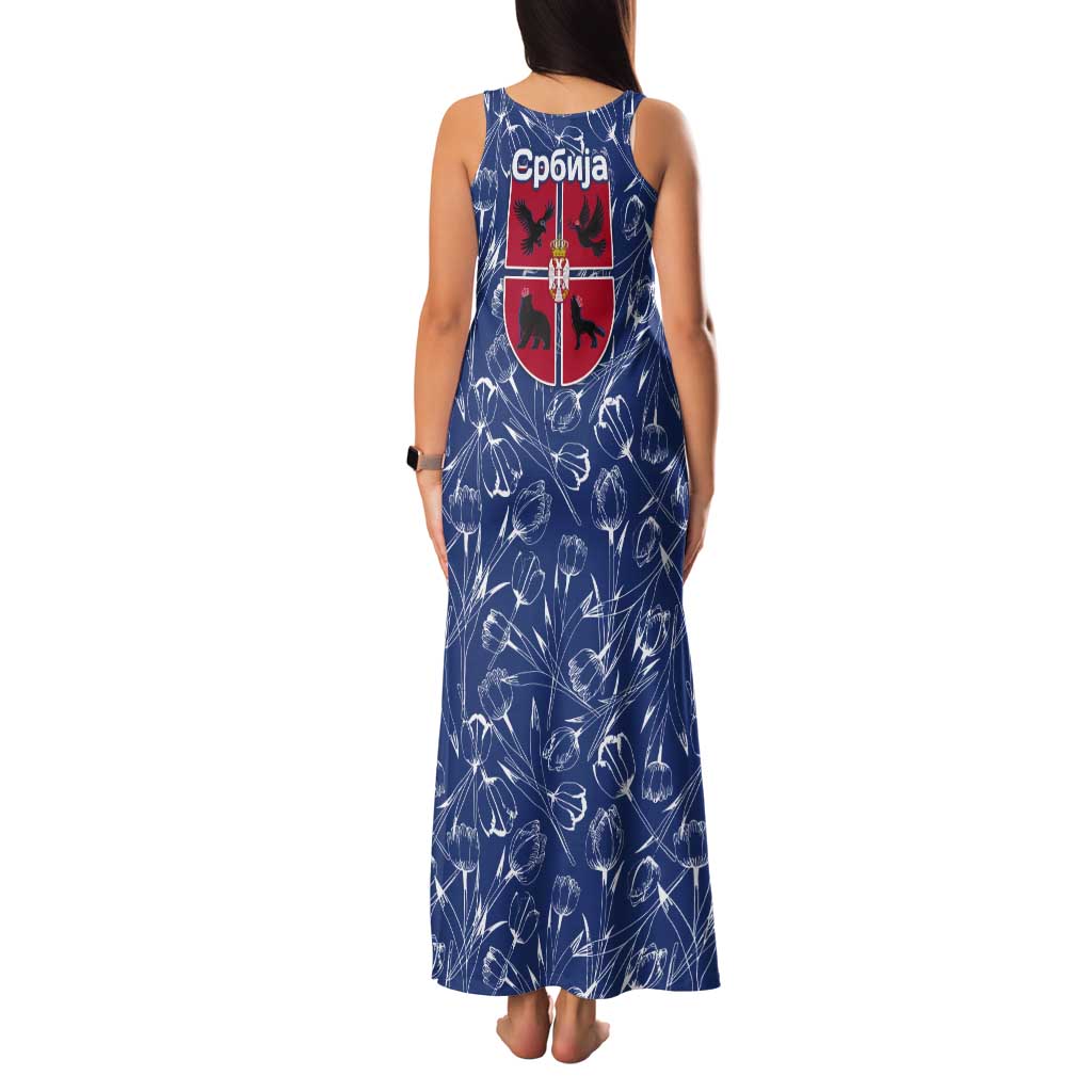 Serbia Tank Maxi Dress with Royal Animal Crest and Tulip Floral Blue Background