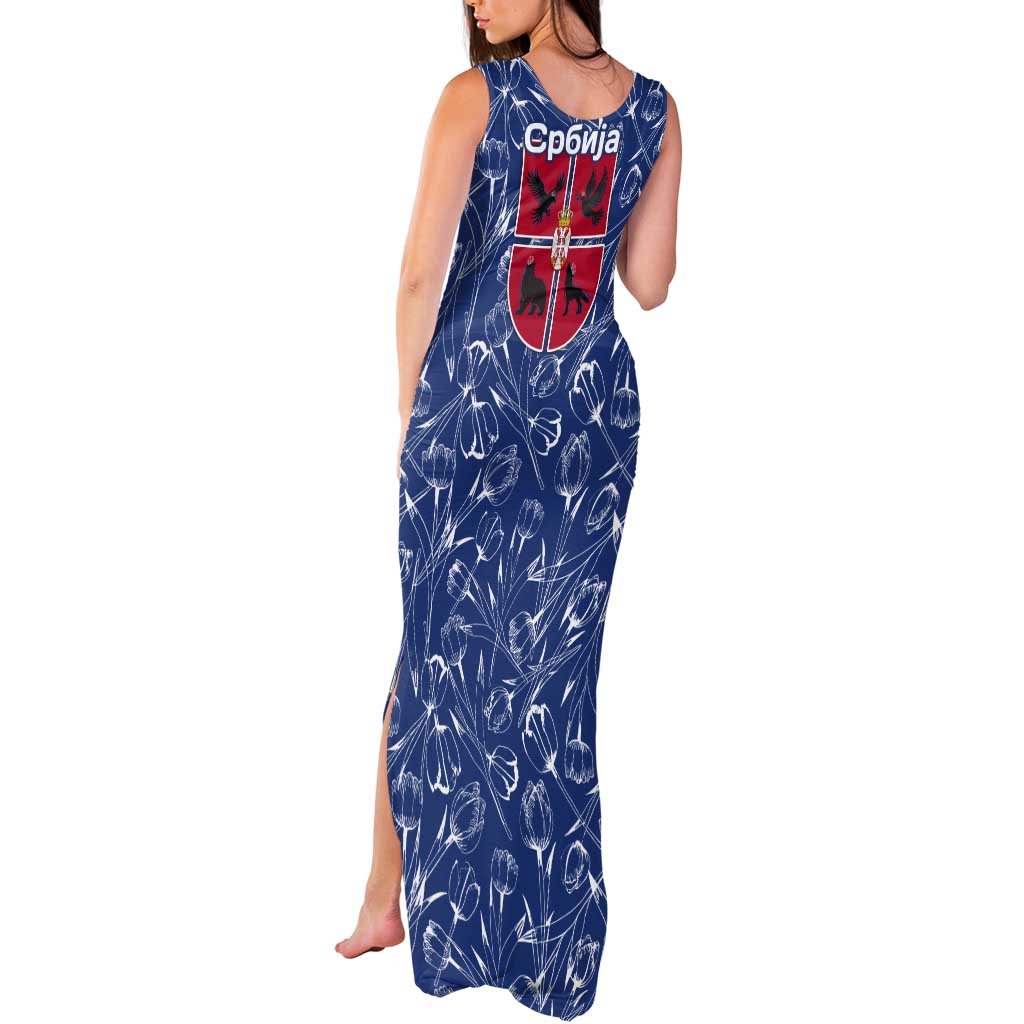 Serbia Tank Maxi Dress with Royal Animal Crest and Tulip Floral Blue Background