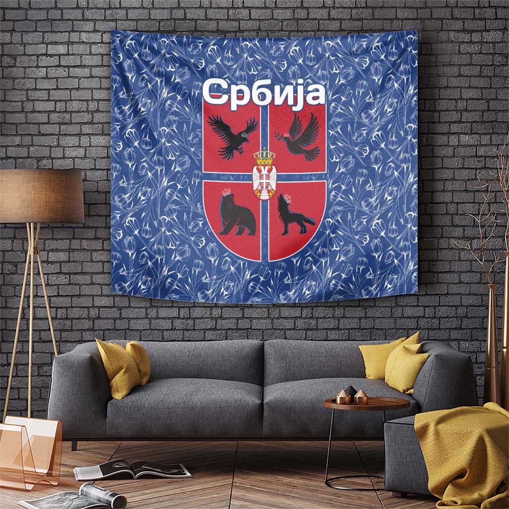 Serbia Tapestry with Royal Animal Crest and Tulip Floral Blue Background