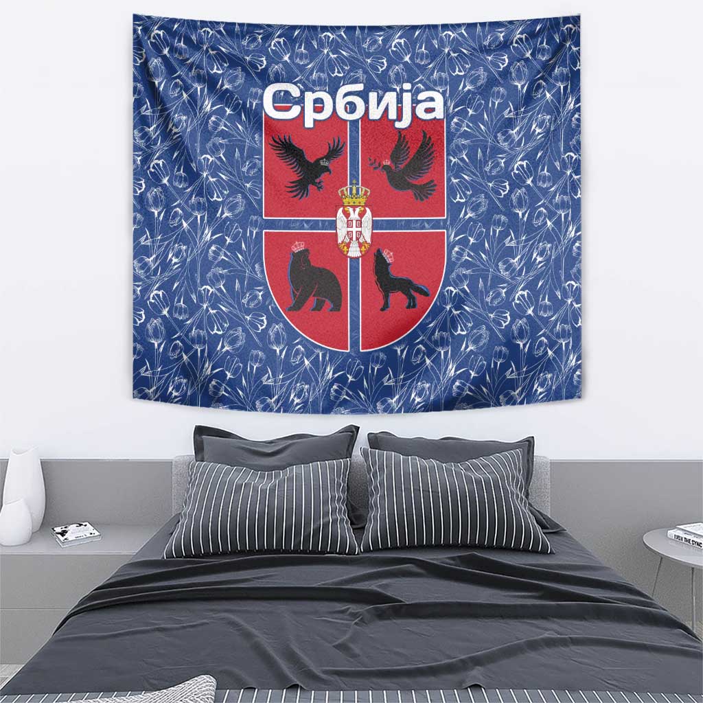 Serbia Tapestry with Royal Animal Crest and Tulip Floral Blue Background