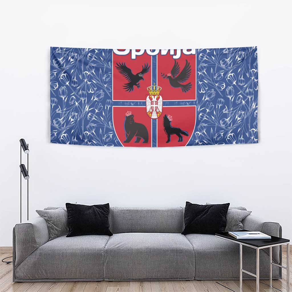 Serbia Tapestry with Royal Animal Crest and Tulip Floral Blue Background