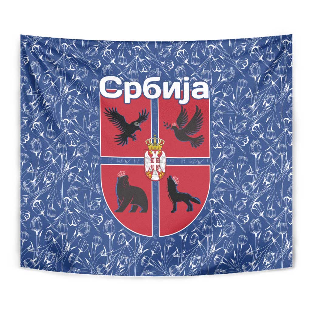 Serbia Tapestry with Royal Animal Crest and Tulip Floral Blue Background