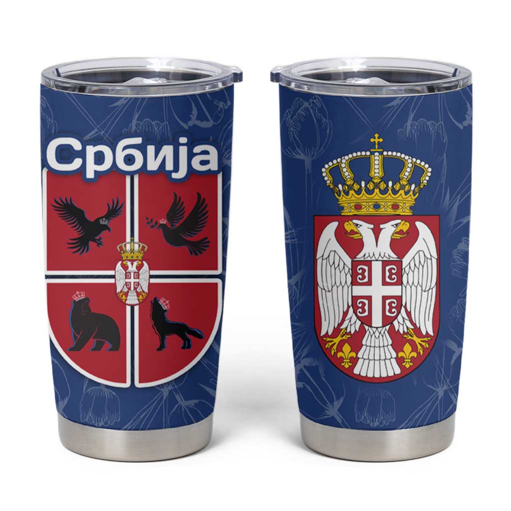 Serbia Tumbler Cup with Royal Animal Crest and Tulip Floral Blue Background