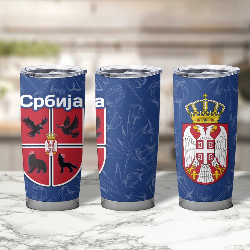 Serbia Tumbler Cup with Royal Animal Crest and Tulip Floral Blue Background