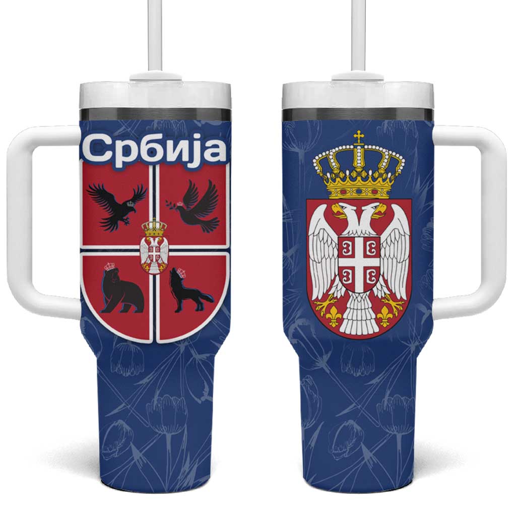 Serbia Tumbler With Handle with Royal Animal Crest and Tulip Floral Blue Background