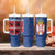 Serbia Tumbler With Handle with Royal Animal Crest and Tulip Floral Blue Background