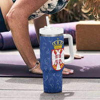 Serbia Tumbler With Handle with Royal Animal Crest and Tulip Floral Blue Background