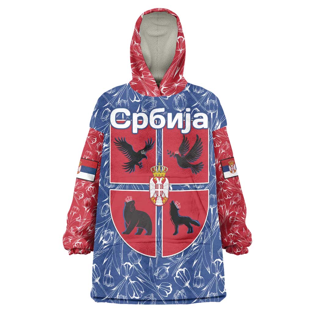 Serbia Wearable Blanket Hoodie with Royal Animal Crest and Tulip Floral Blue Background