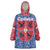 Serbia Wearable Blanket Hoodie with Royal Animal Crest and Tulip Floral Blue Background