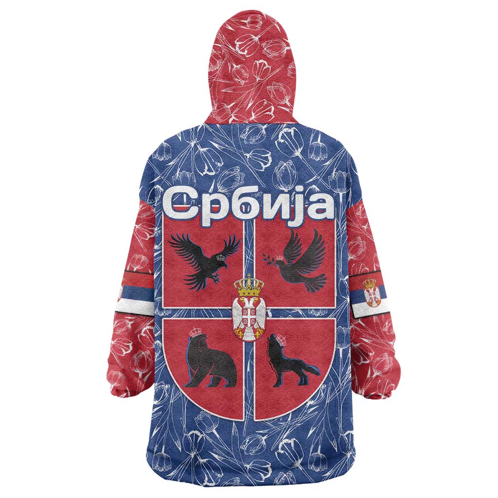 Serbia Wearable Blanket Hoodie with Royal Animal Crest and Tulip Floral Blue Background