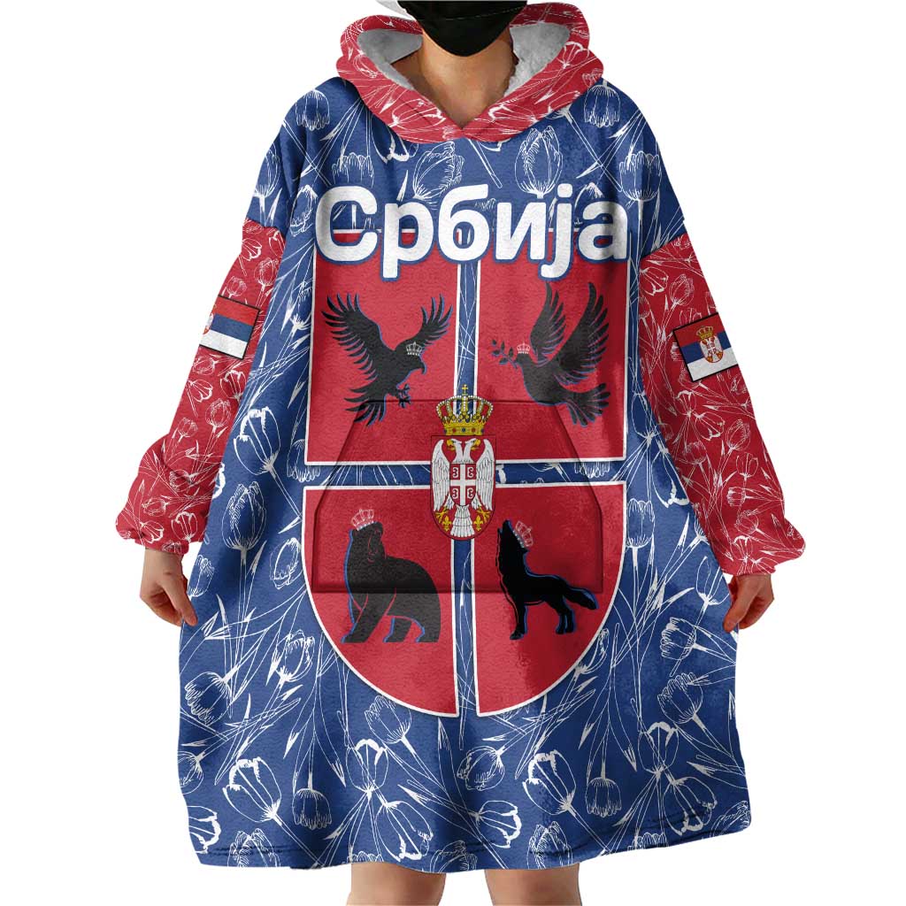 Serbia Wearable Blanket Hoodie with Royal Animal Crest and Tulip Floral Blue Background