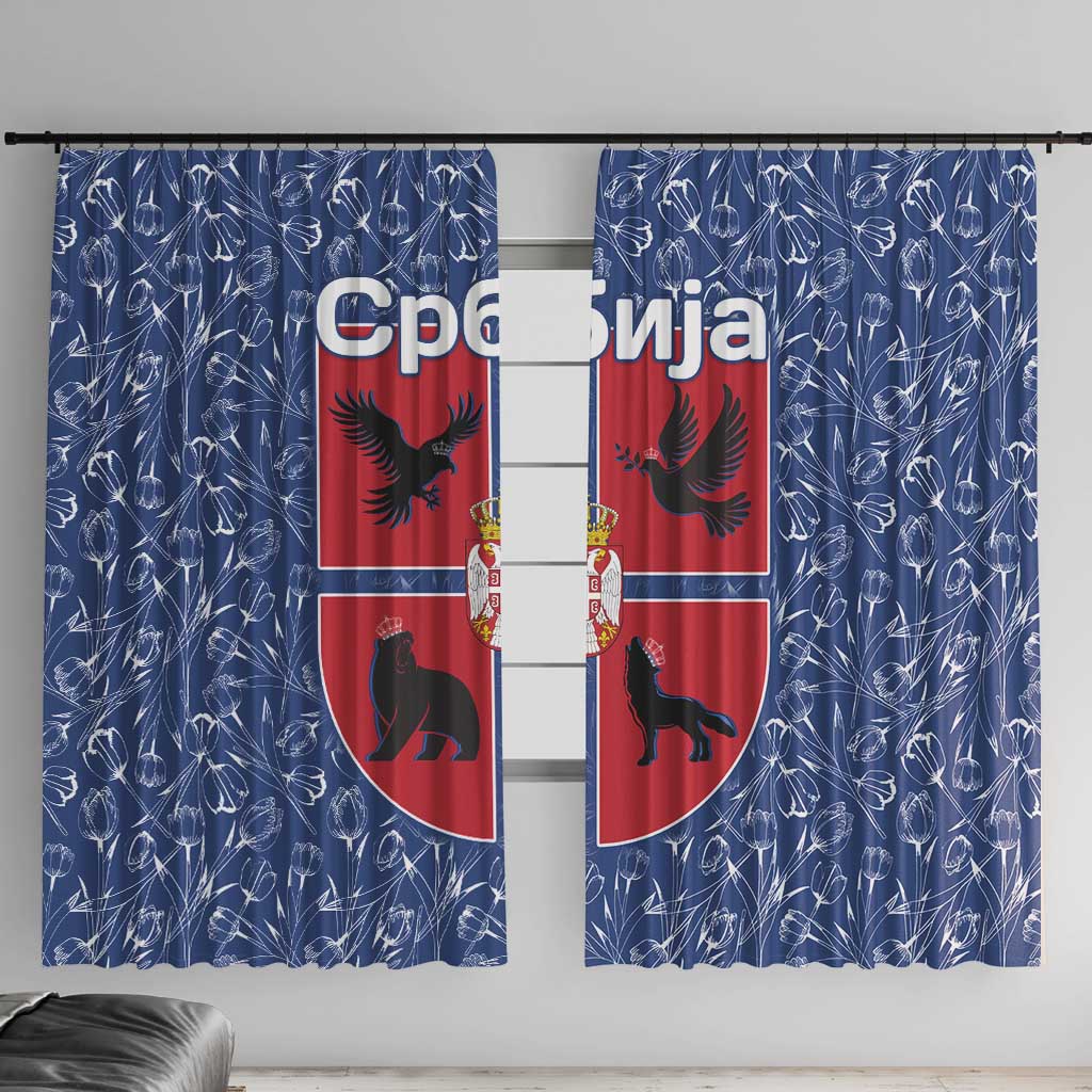 Serbia Window Curtain with Royal Animal Crest and Tulip Floral Blue Background