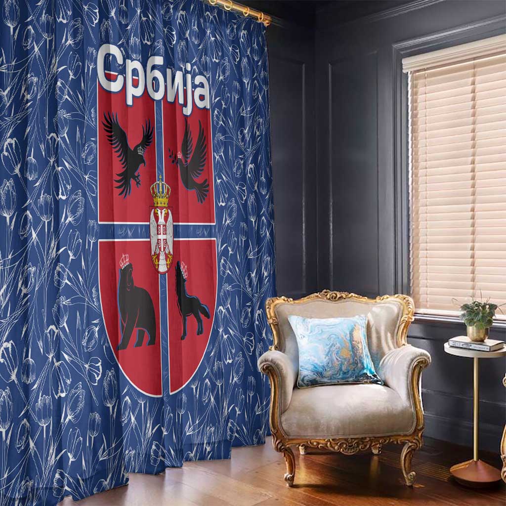 Serbia Window Curtain with Royal Animal Crest and Tulip Floral Blue Background