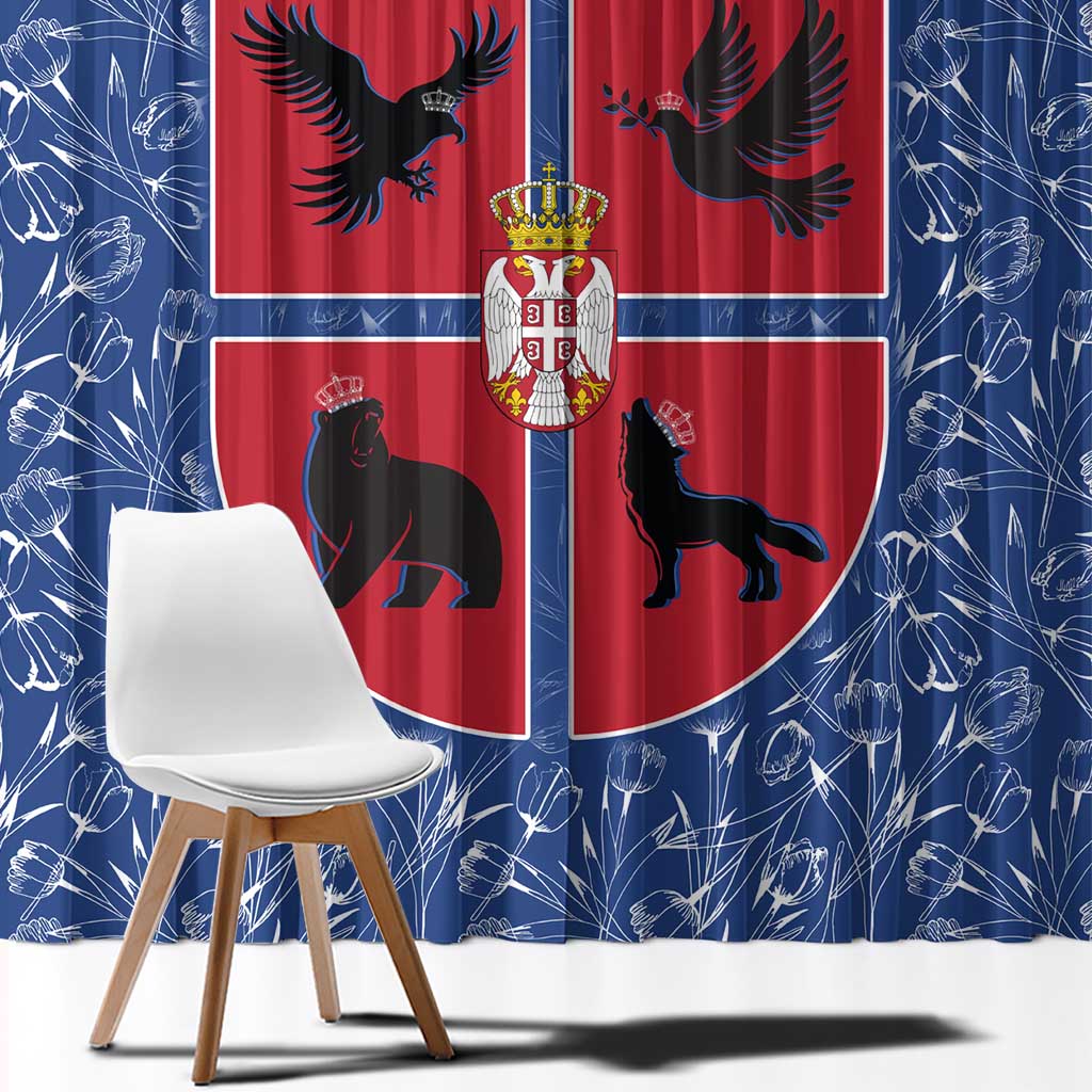 Serbia Window Curtain with Royal Animal Crest and Tulip Floral Blue Background