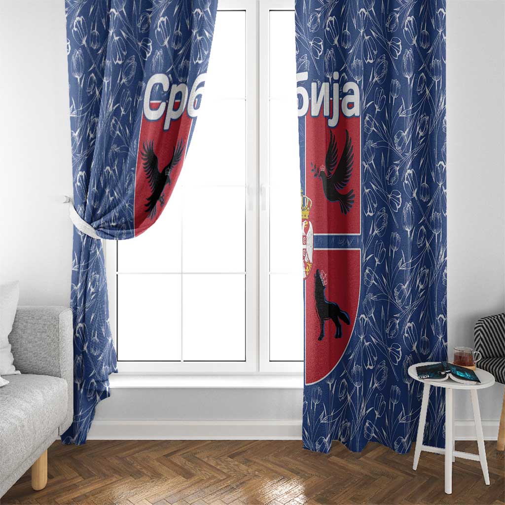 Serbia Window Curtain with Royal Animal Crest and Tulip Floral Blue Background