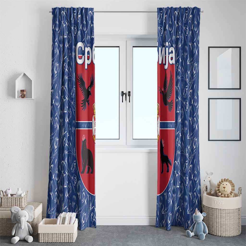 Serbia Window Curtain with Royal Animal Crest and Tulip Floral Blue Background