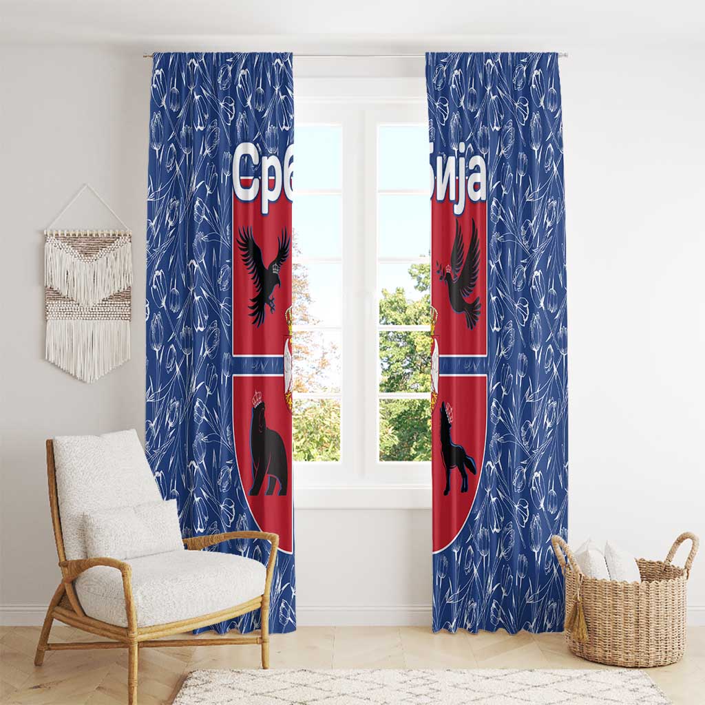Serbia Window Curtain with Royal Animal Crest and Tulip Floral Blue Background