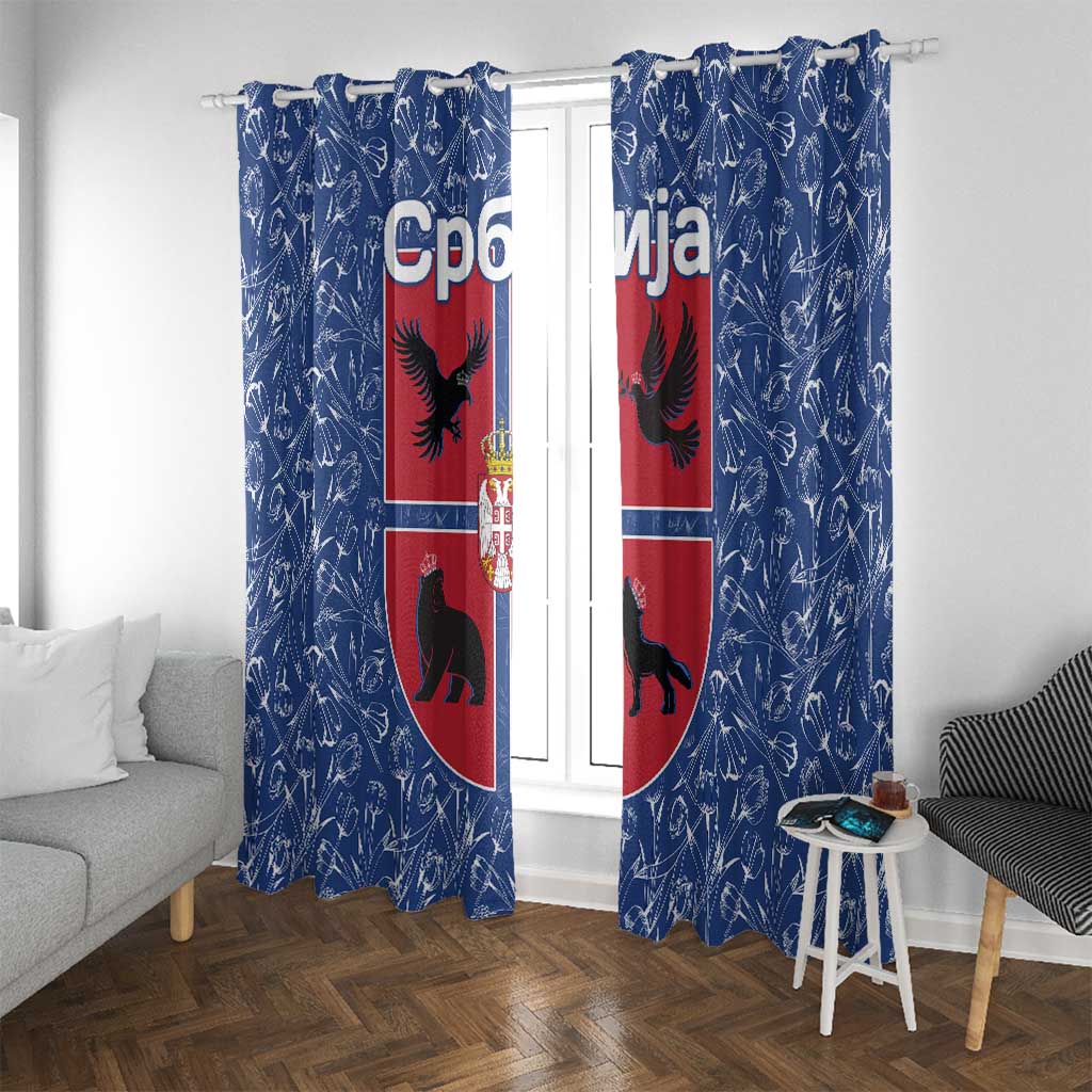 Serbia Window Curtain with Royal Animal Crest and Tulip Floral Blue Background