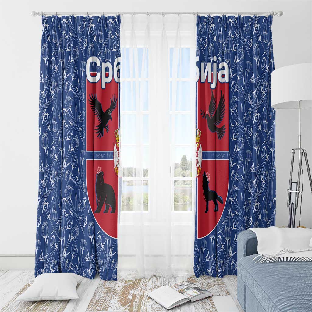 Serbia Window Curtain with Royal Animal Crest and Tulip Floral Blue Background