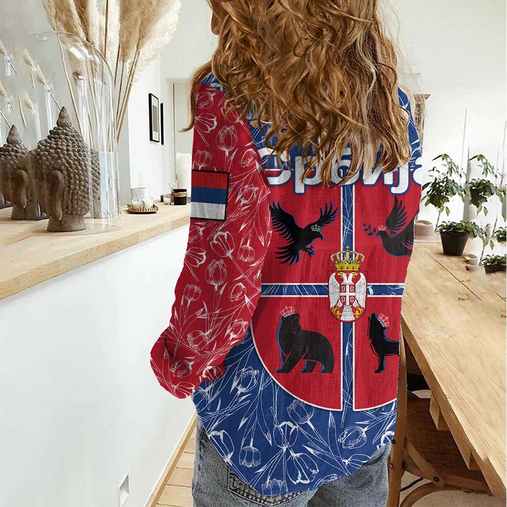 Serbia Women Casual Shirt with Royal Animal Crest and Tulip Floral Blue Background