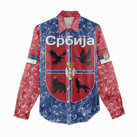 Serbia Women Casual Shirt with Royal Animal Crest and Tulip Floral Blue Background