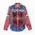 Serbia Women Casual Shirt with Royal Animal Crest and Tulip Floral Blue Background