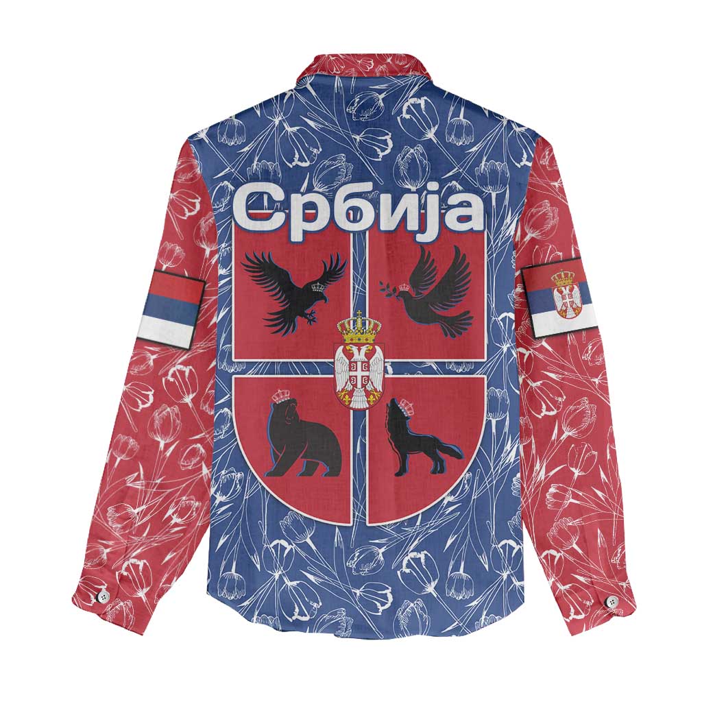Serbia Women Casual Shirt with Royal Animal Crest and Tulip Floral Blue Background