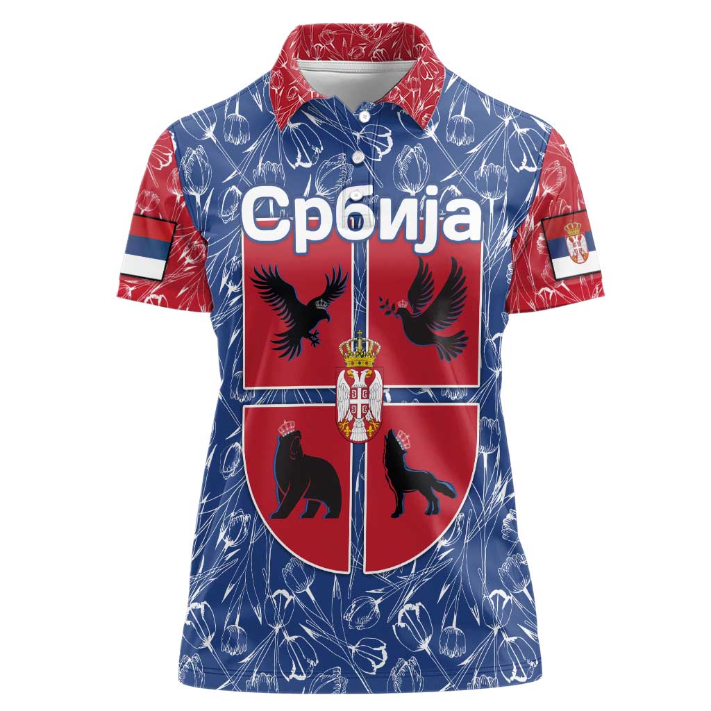 Serbia Women Polo Shirt with Royal Animal Crest and Tulip Floral Blue Background