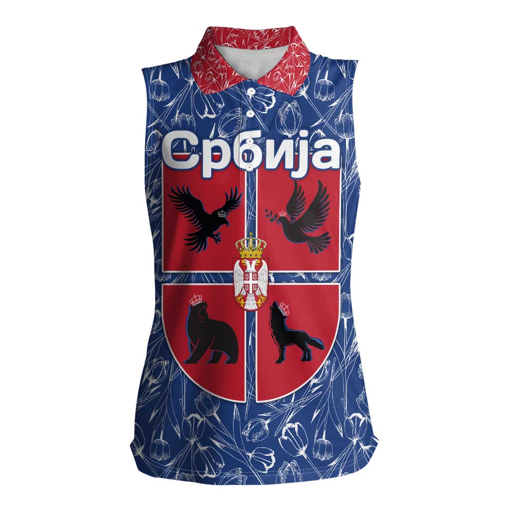 Serbia Women Sleeveless Polo Shirt with Royal Animal Crest and Tulip Floral Blue Background