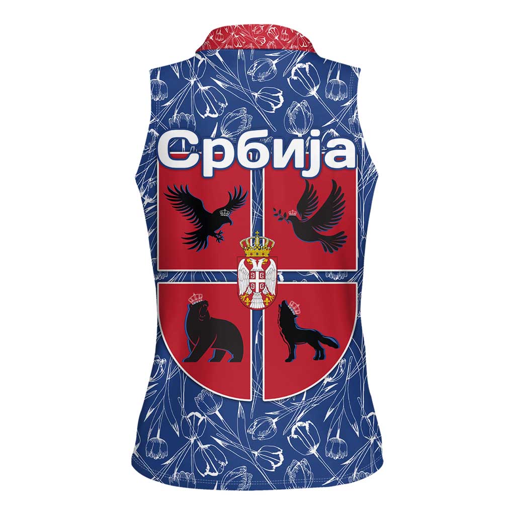 Serbia Women Sleeveless Polo Shirt with Royal Animal Crest and Tulip Floral Blue Background