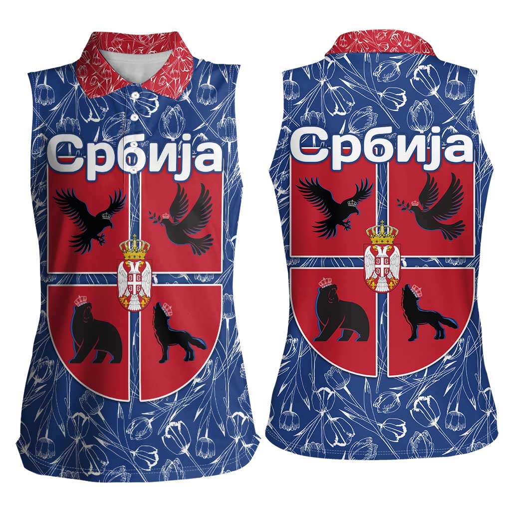 Serbia Women Sleeveless Polo Shirt with Royal Animal Crest and Tulip Floral Blue Background