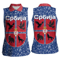 Serbia Women Sleeveless Polo Shirt with Royal Animal Crest and Tulip Floral Blue Background